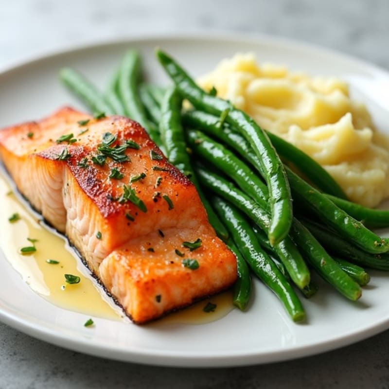 Seared Salmon with Steamed Green Beans and Garlic Mashed Potatoes
