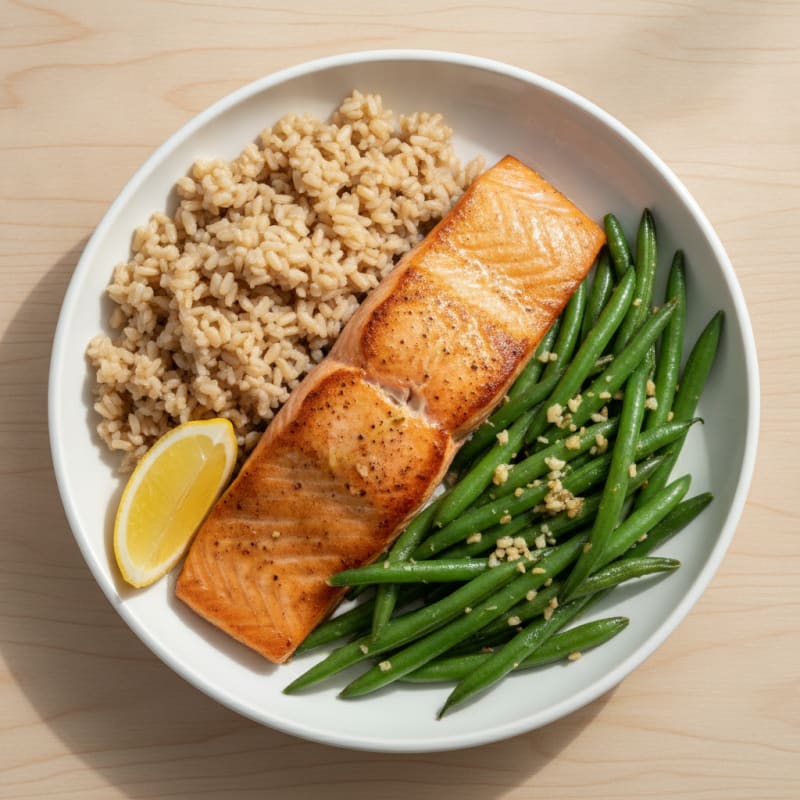 Seared Salmon with Garlic Green Beans and Brown Rice