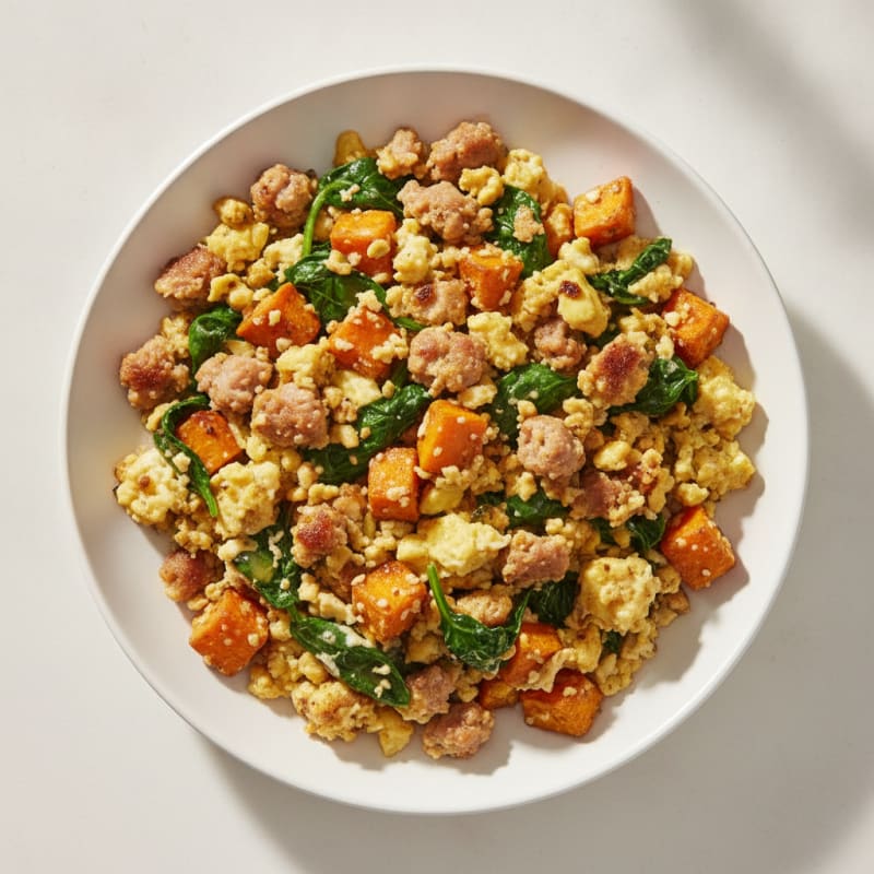 Crispy Turkey Sausage and Spinach Egg Scramble with Sweet Potato