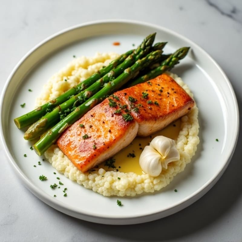 Seared Salmon Fillet with Roasted Asparagus and Garlic Cauliflower Mash