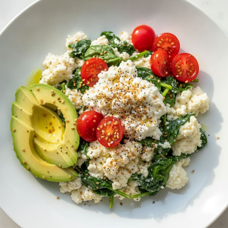 Egg White Spinach Scramble with Cottage Cheese and Cherry Tomatoes