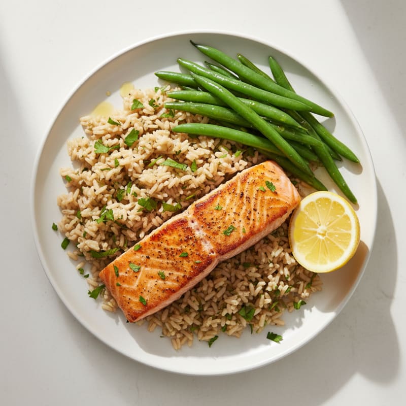 Seared Salmon Fillet with Steamed Green Beans and Herbed Brown Rice