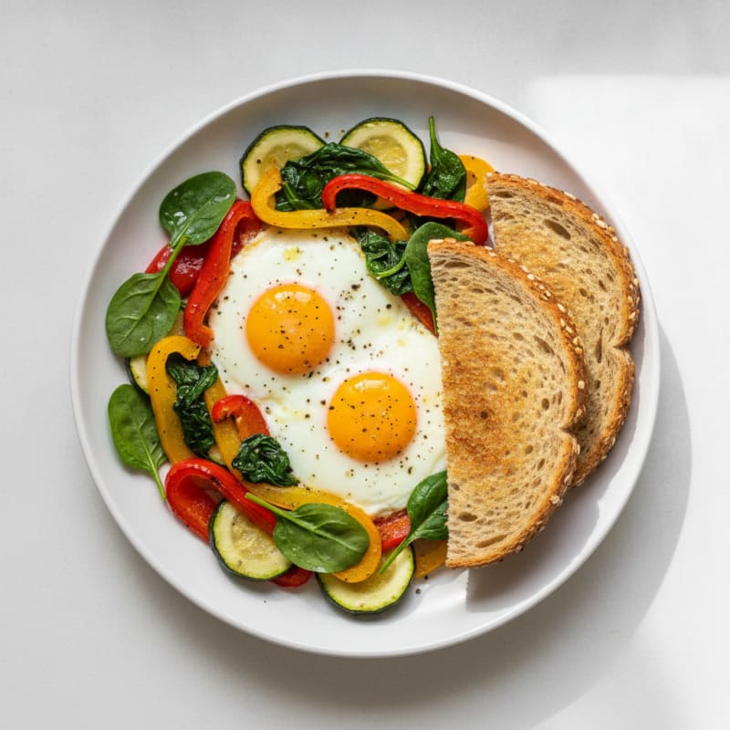 Baked Eggs with Roasted Vegetables and Toast