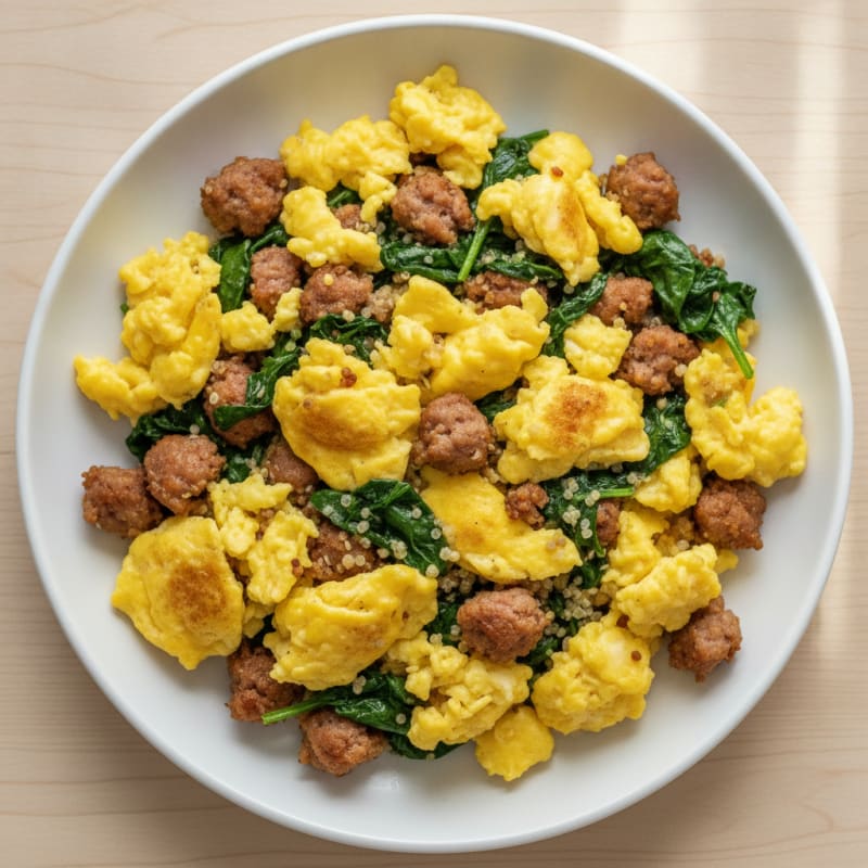 Scrambled Eggs with Turkey Sausage and Sautéed Spinach