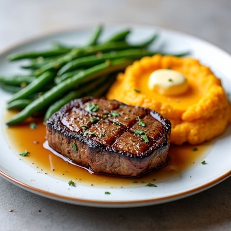 Seared Sirloin Steak with Garlic Green Beans and Mashed Sweet Potatoes