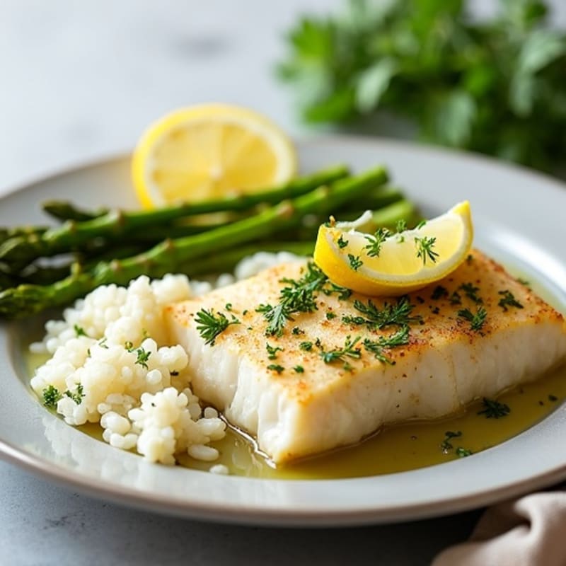 Baked Cod with Steamed Asparagus and Lemon-Herb Rice