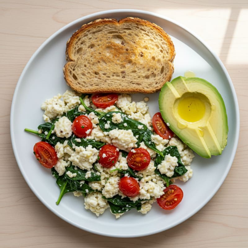 Cottage Cheese Egg White Scramble with Spinach and Cherry Tomatoes
