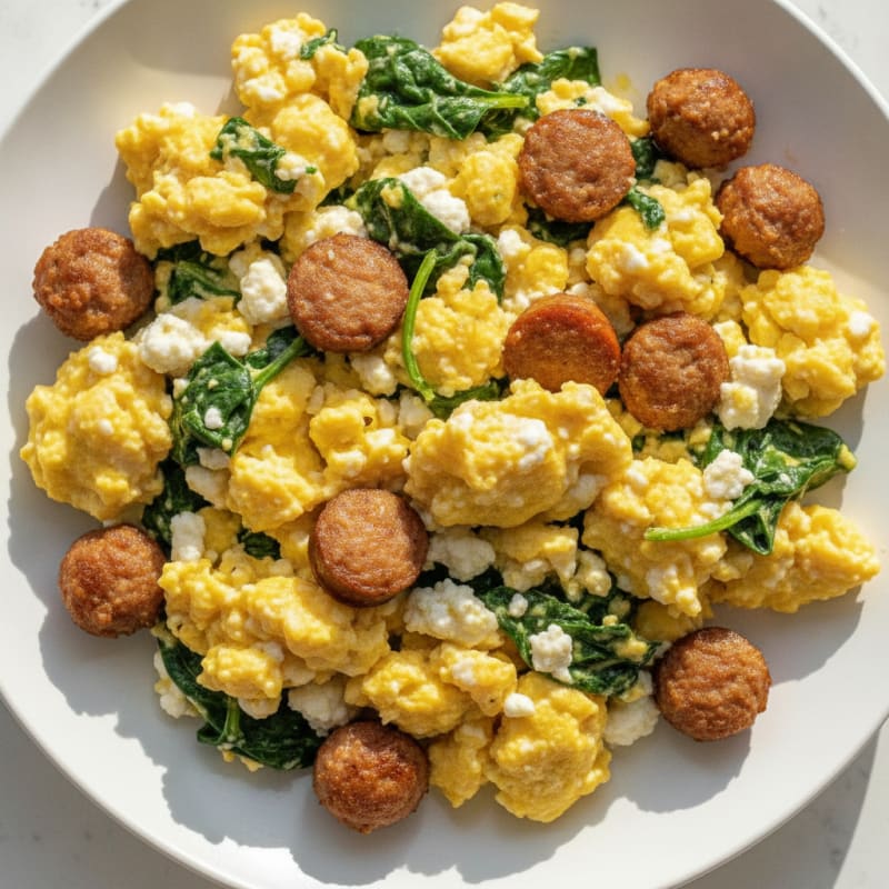 Cottage Cheese Scramble with Turkey Sausage and Spinach
