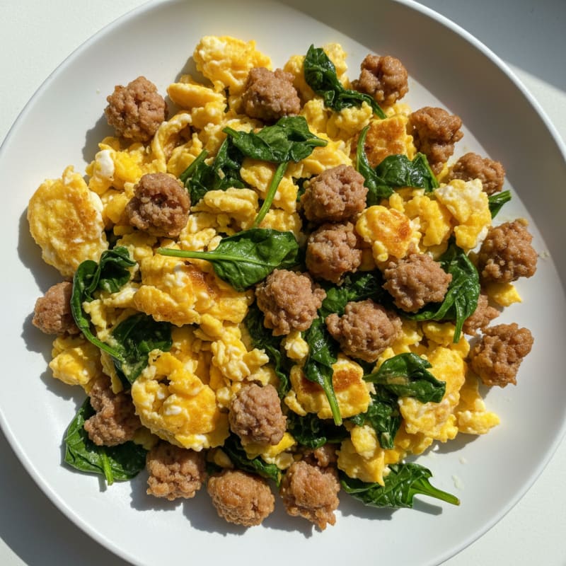 Scrambled Eggs with Turkey Sausage and Sautéed Spinach