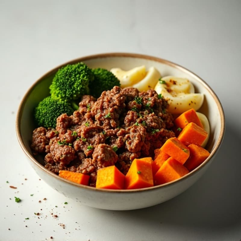 Spiced Ground Beef Bowl with Roasted Sweet Potato and Garlic Broccoli