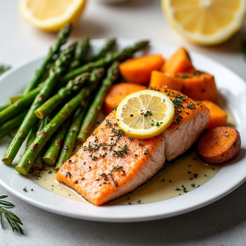 Sheet Pan Lemon Herb Salmon with Crispy Roasted Asparagus and Sweet Potatoes