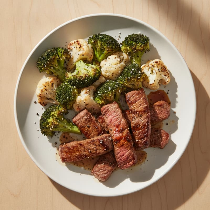 Seared Lean Beef Strips with Roasted Broccoli and Cauliflower