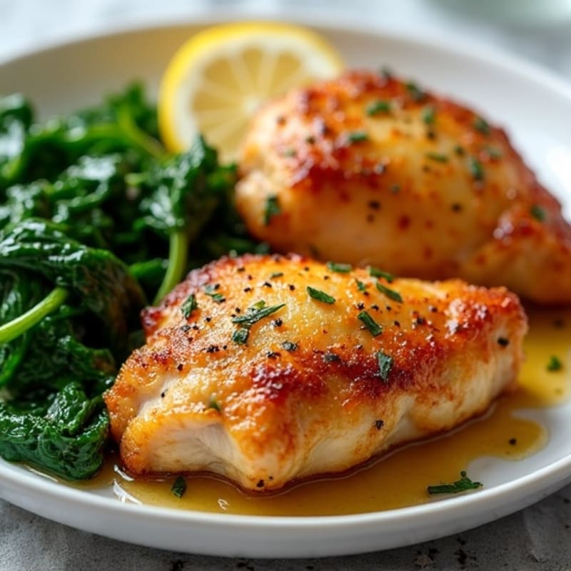 Crispy Lemon Garlic Chicken Thighs with Sautéed Spinach