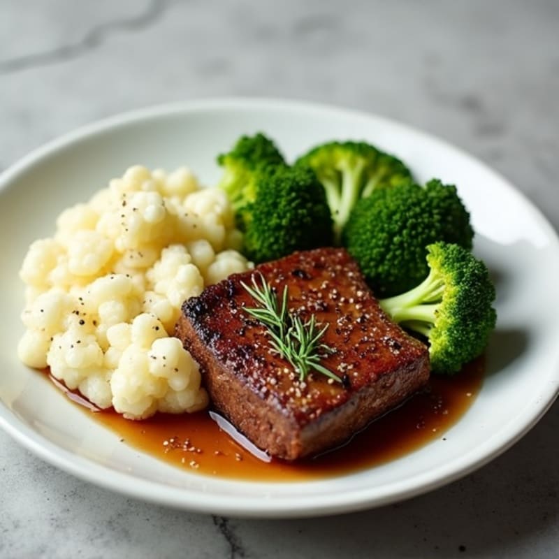 Seared Lean Beef with Steamed Broccoli and Cauliflower Mash