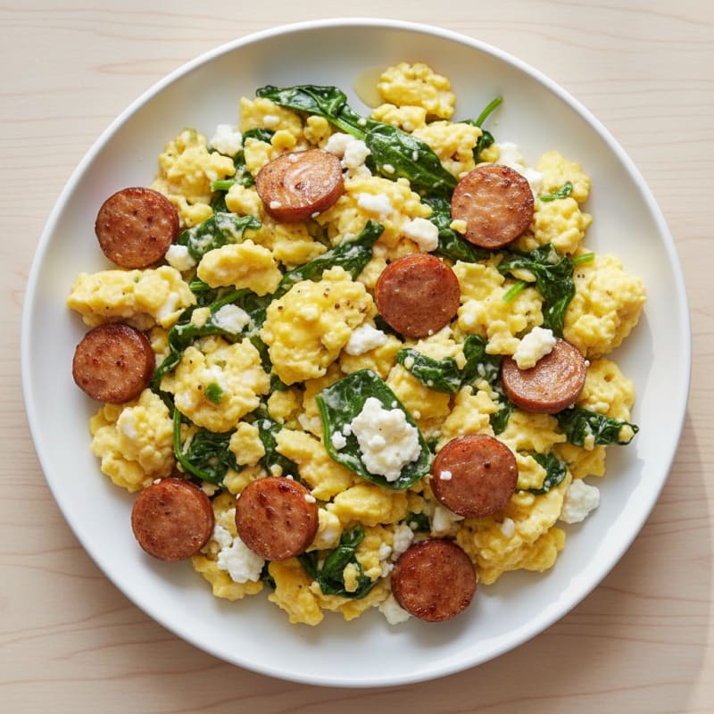 Cottage Cheese Egg Scramble with Turkey Sausage and Spinach