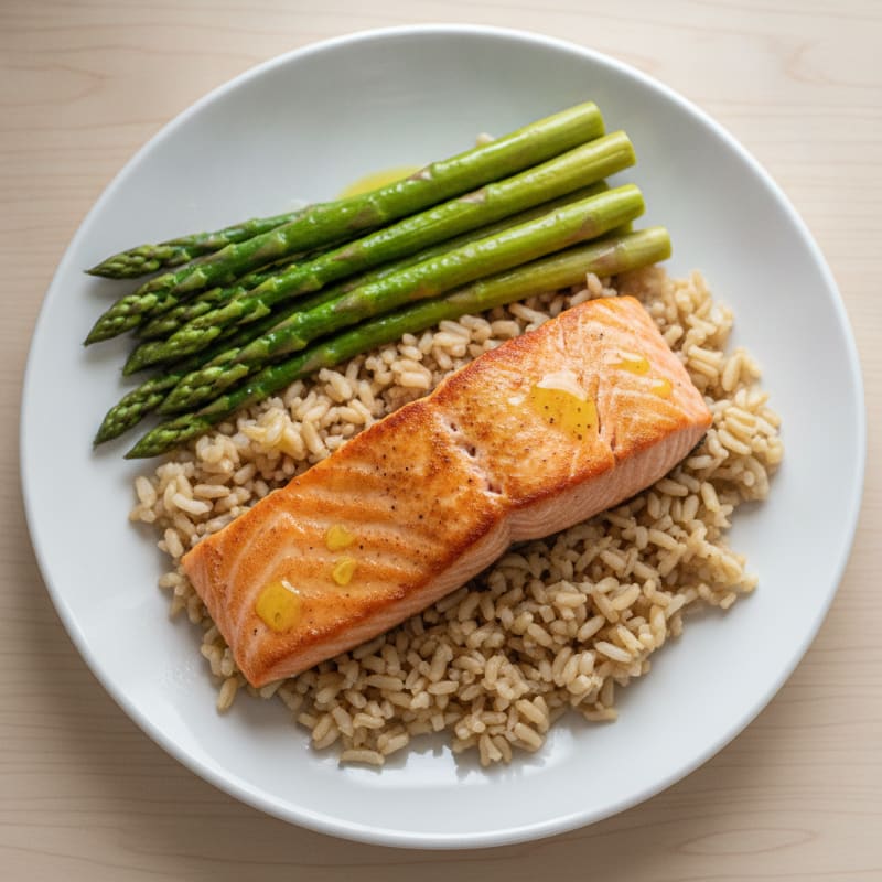 Seared Salmon Fillet with Steamed Asparagus and Brown Rice