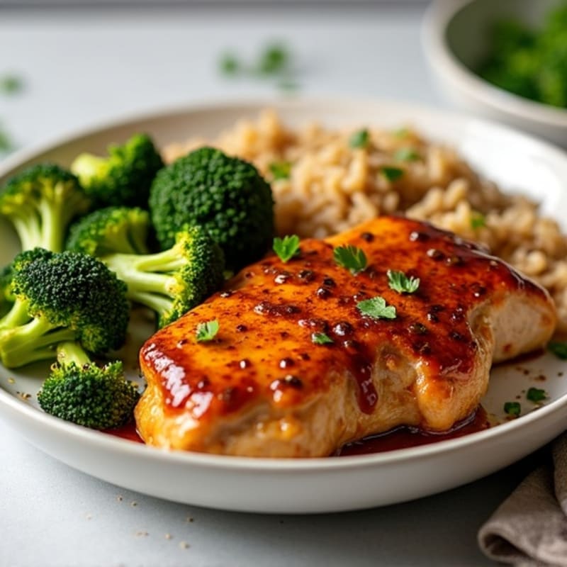 Sticky Honey-Garlic Chicken Thighs with Roasted Broccoli and Brown Rice