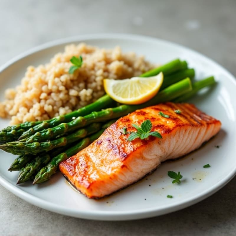 Seared Salmon Fillet with Steamed Asparagus and Brown Rice