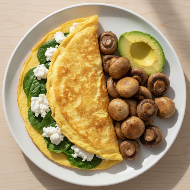 Egg White Spinach Omelette with Cottage Cheese and Sautéed Mushrooms