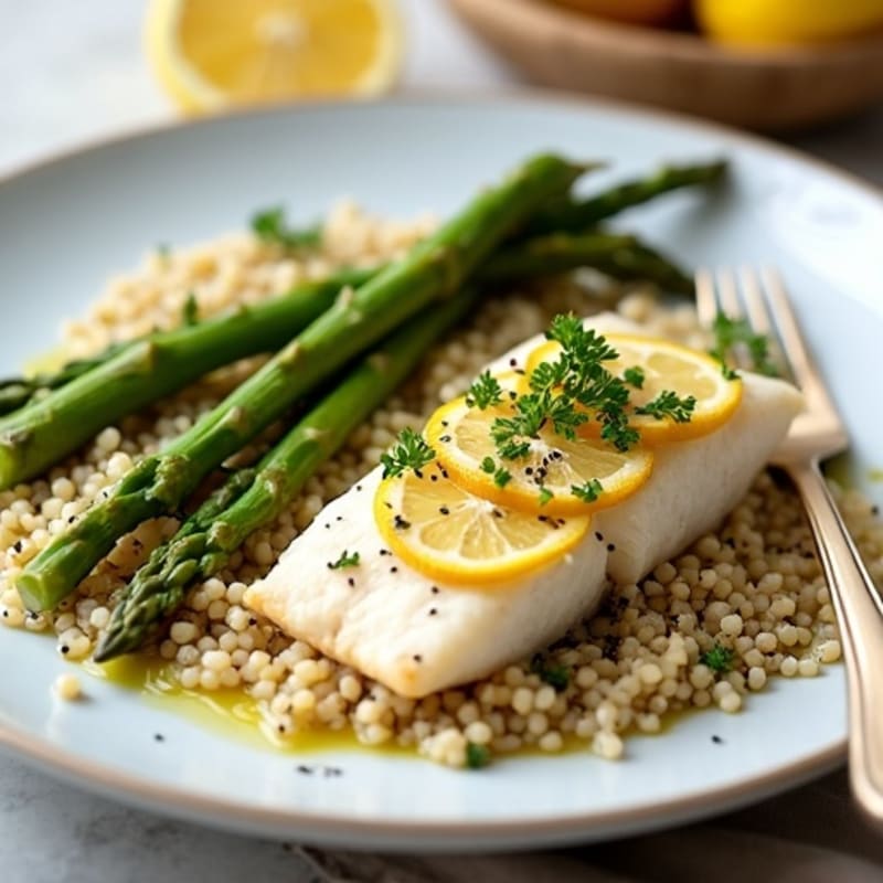 Flaky Lemon-Herb Baked Cod with Roasted Asparagus and Quinoa