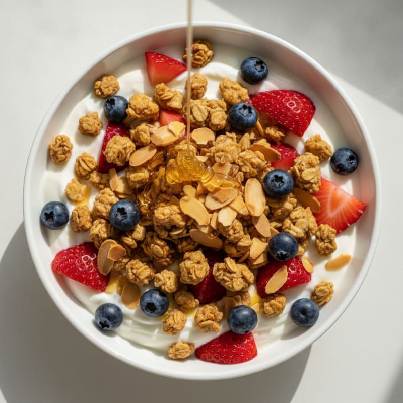 Greek Yogurt Parfait with Crunchy Almond Granola and Berries