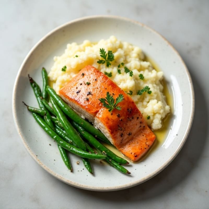 Seared Salmon with Garlic Green Beans and Cauliflower Mash