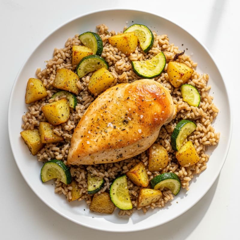 Roasted Zucchini Potato Rice Medley