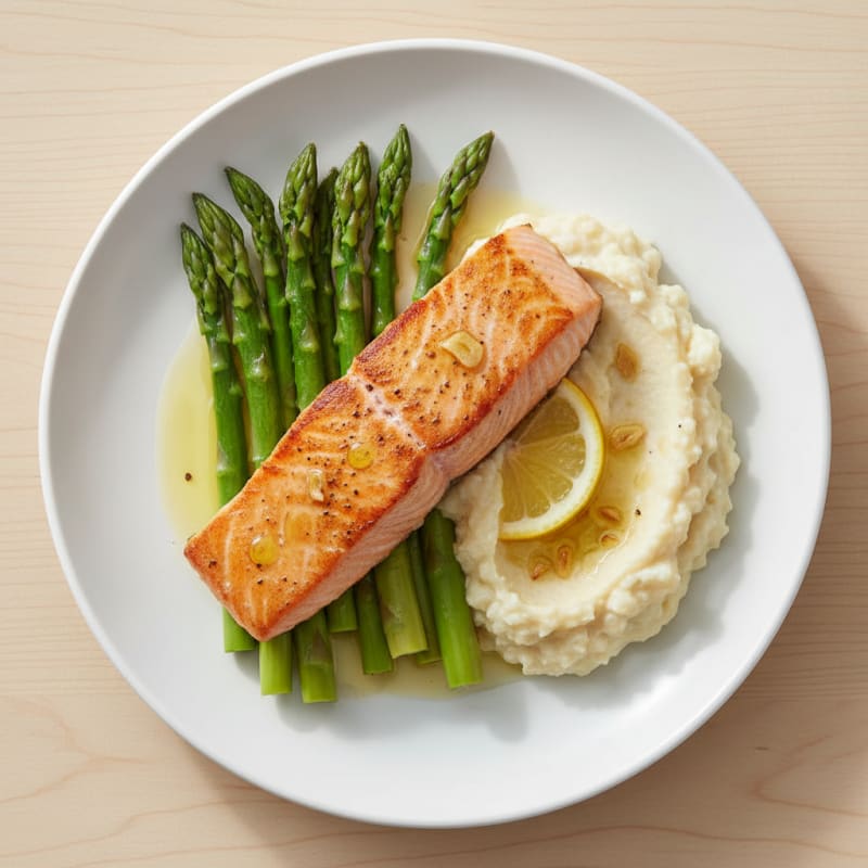 Seared Salmon with Steamed Asparagus and Garlic Cauliflower Mash