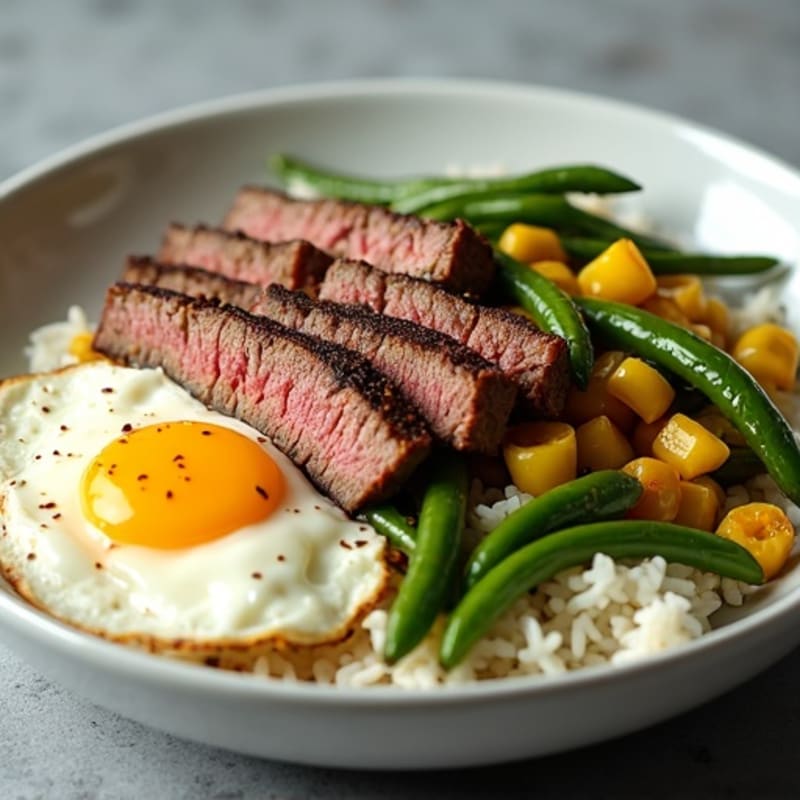 Grilled Beef and Rice Bowl with Roasted Green Beans and Corn