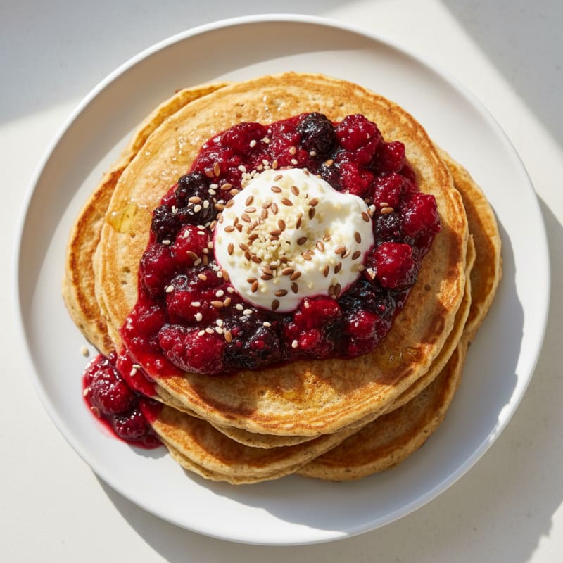 Fluffy Buttermilk-Style Protein Pancakes with Berry Compote
