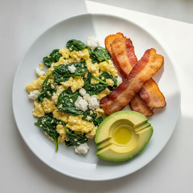 Cottage Cheese Egg Scramble with Spinach and Turkey Bacon