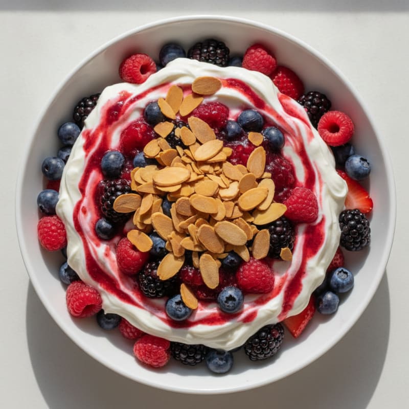 Greek Yogurt Protein Parfait with Mixed Berries and Almonds