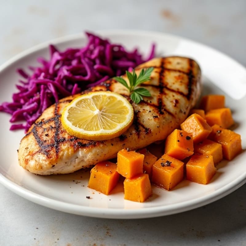 Roasted Butternut Squash and Crispy Red Cabbage with Lemon-Garlic Chicken