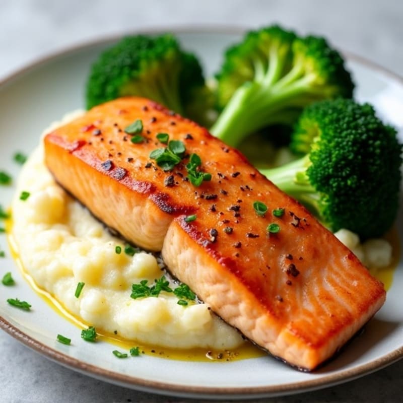 Seared Salmon with Steamed Broccoli and Garlic Cauliflower Mash
