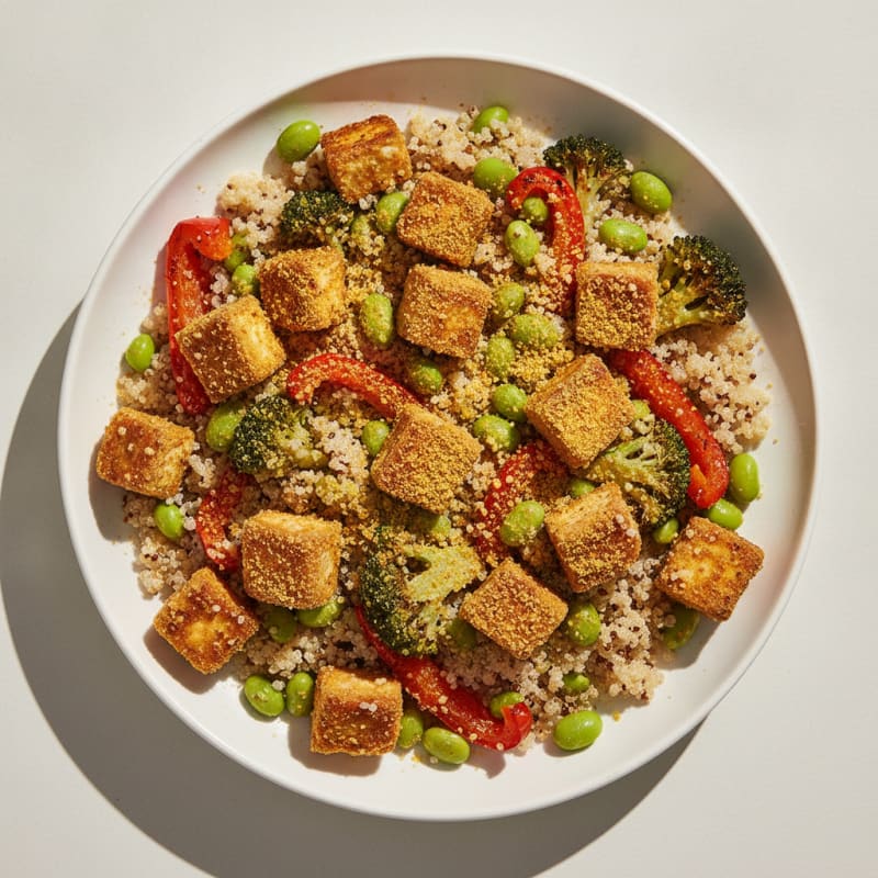 Crispy Tofu and Edamame Power Bowl with Quinoa and Roasted Vegetables