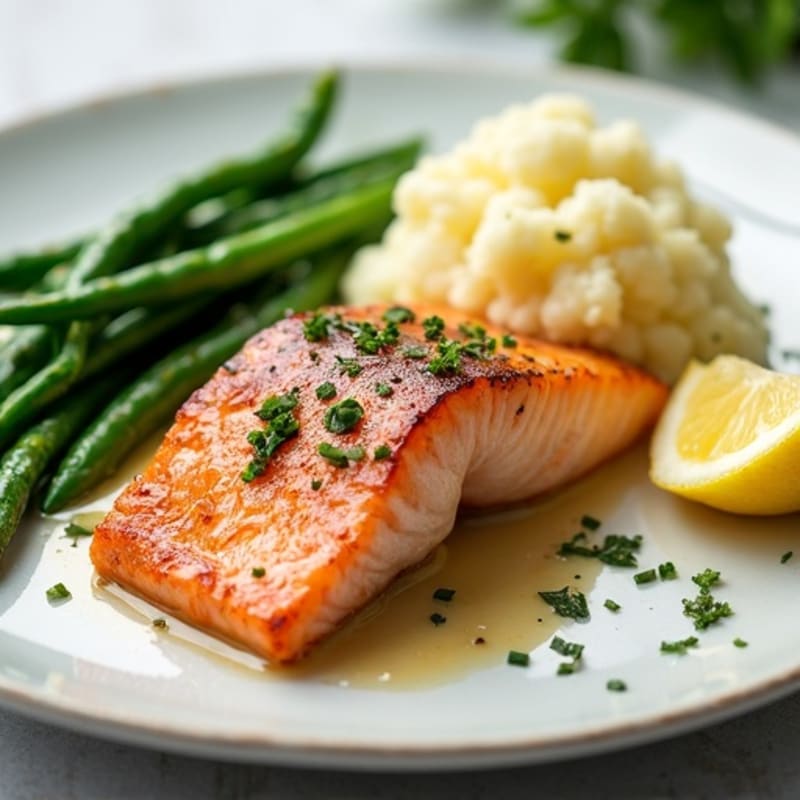 Seared Salmon with Steamed Green Beans and Garlic Mashed Cauliflower