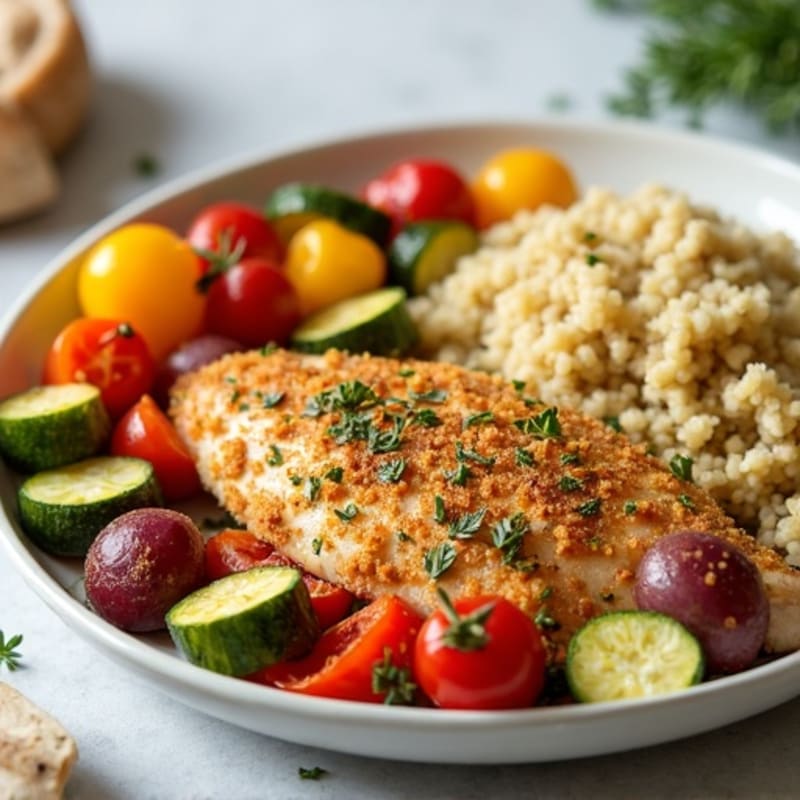 Crispy Lemon Herb Chicken with Colorful Roasted Vegetables and Fluffy Quinoa