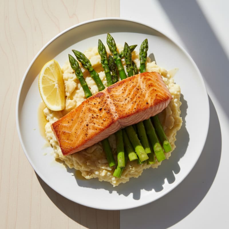 Seared Salmon with Steamed Asparagus and Garlic Cauliflower Mash