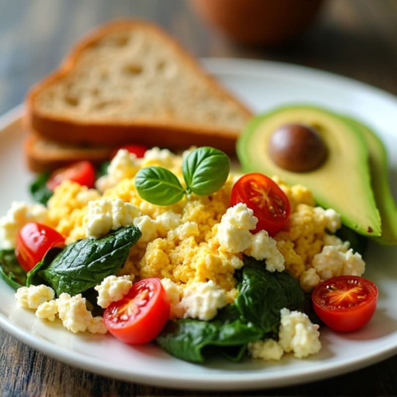 Cottage Cheese and Egg White Scramble with Spinach and Cherry Tomatoes