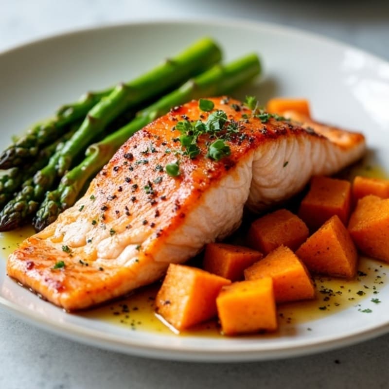 Seared Salmon Fillet with Roasted Sweet Potatoes and Asparagus