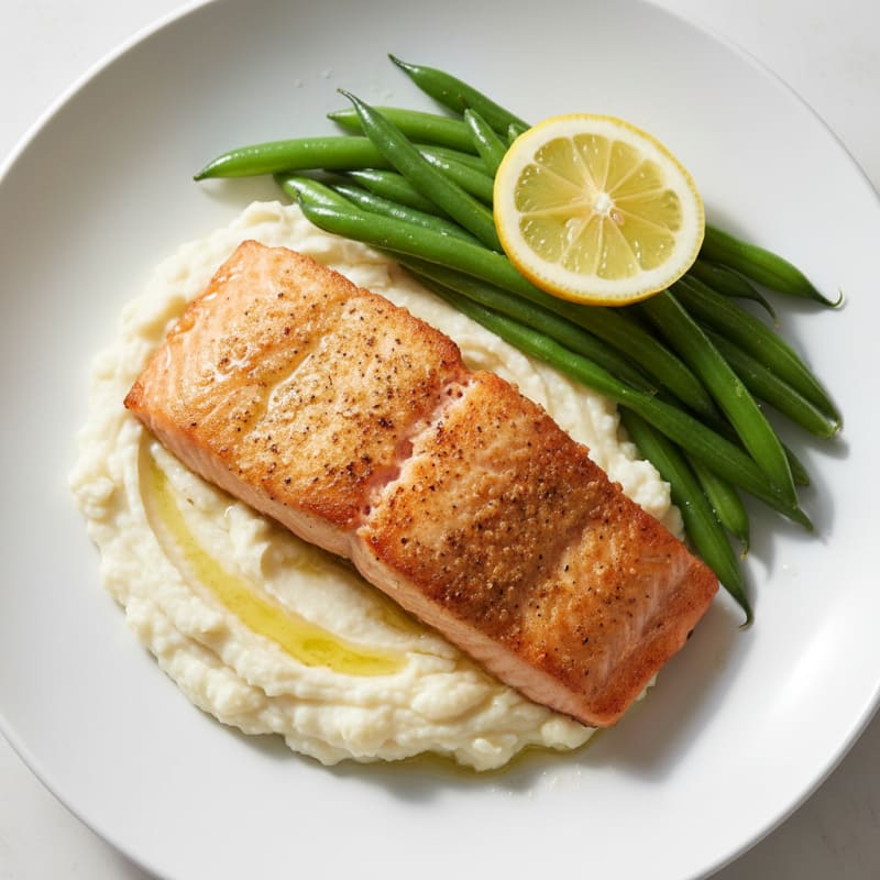 Seared Salmon with Steamed Green Beans and Garlic Mashed Cauliflower