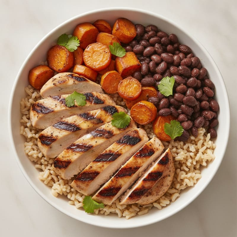 Grilled Chicken and Black Bean Bowl with Brown Rice and Roasted Vegetables
