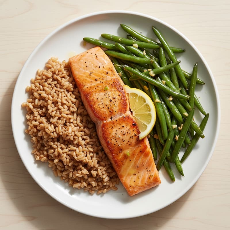 Seared Salmon Fillet with Garlic Green Beans and Brown Rice