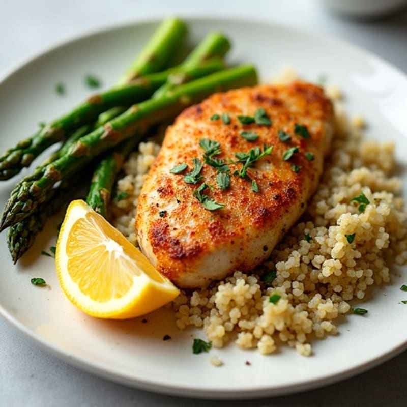 Crispy Lemon-Herb Chicken with Roasted Asparagus and Quinoa
