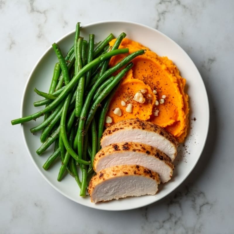 Seared Turkey Breast with Garlic Green Beans and Sweet Potato Mash