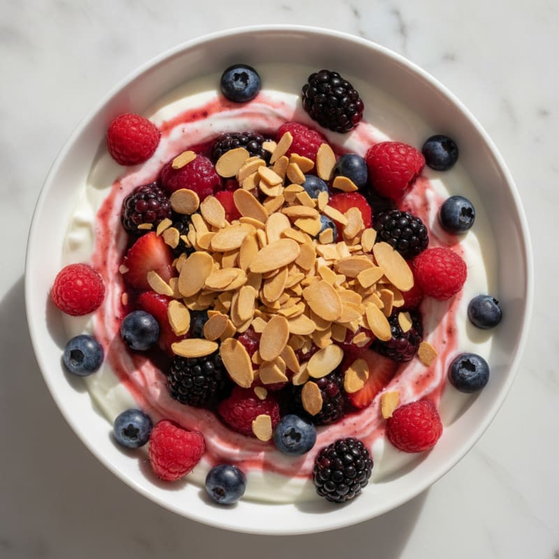 Greek Yogurt Protein Parfait with Mixed Berries and Almonds