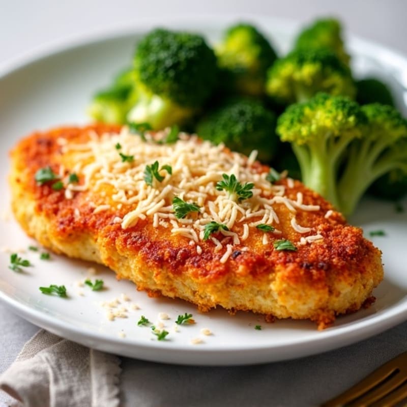 Healthy Crispy Chicken Parmesan with Roasted Broccoli