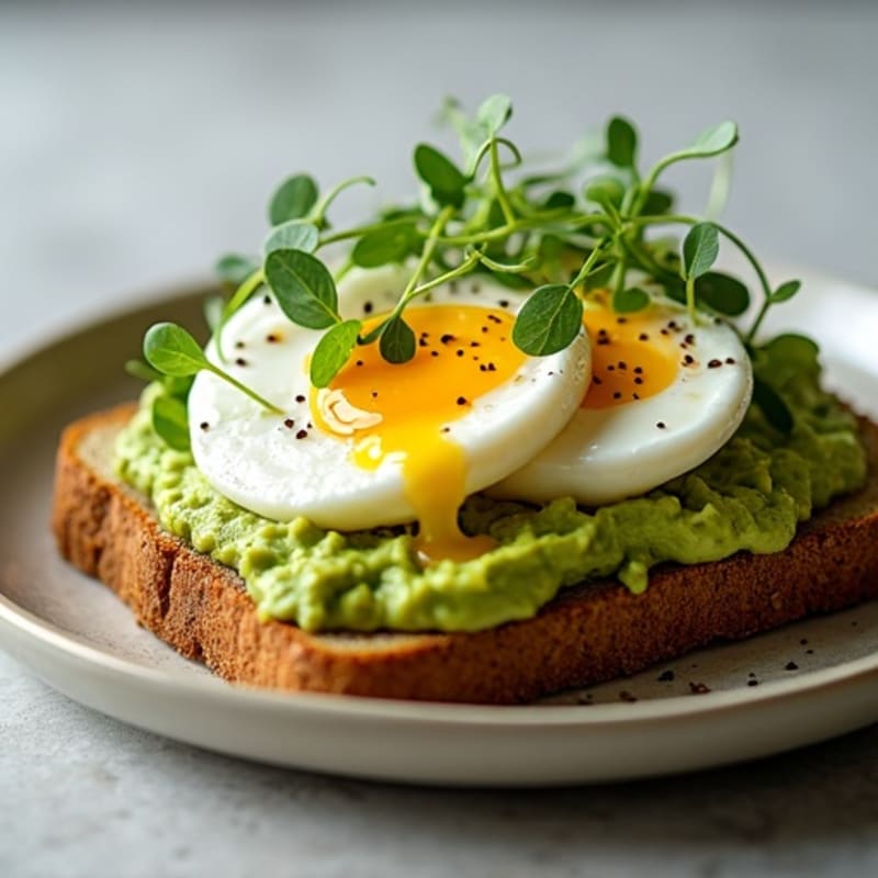 Smashed Avocado Toast with Poached Eggs and Microgreens