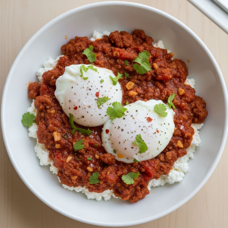 Chorizo Poached Eggs with Crushed Tomato