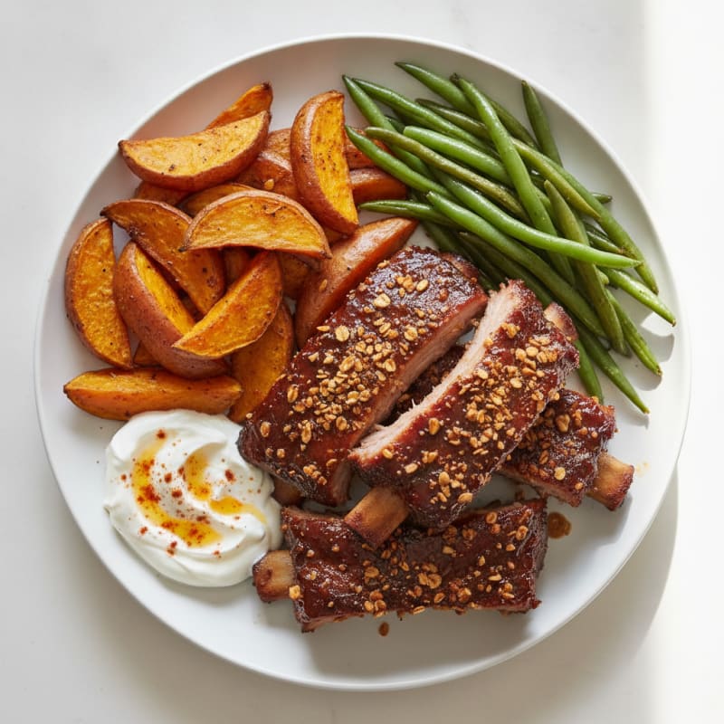 Slow-Cooked Smoky Ribs with Roasted Sweet Potato Wedges and Green Beans